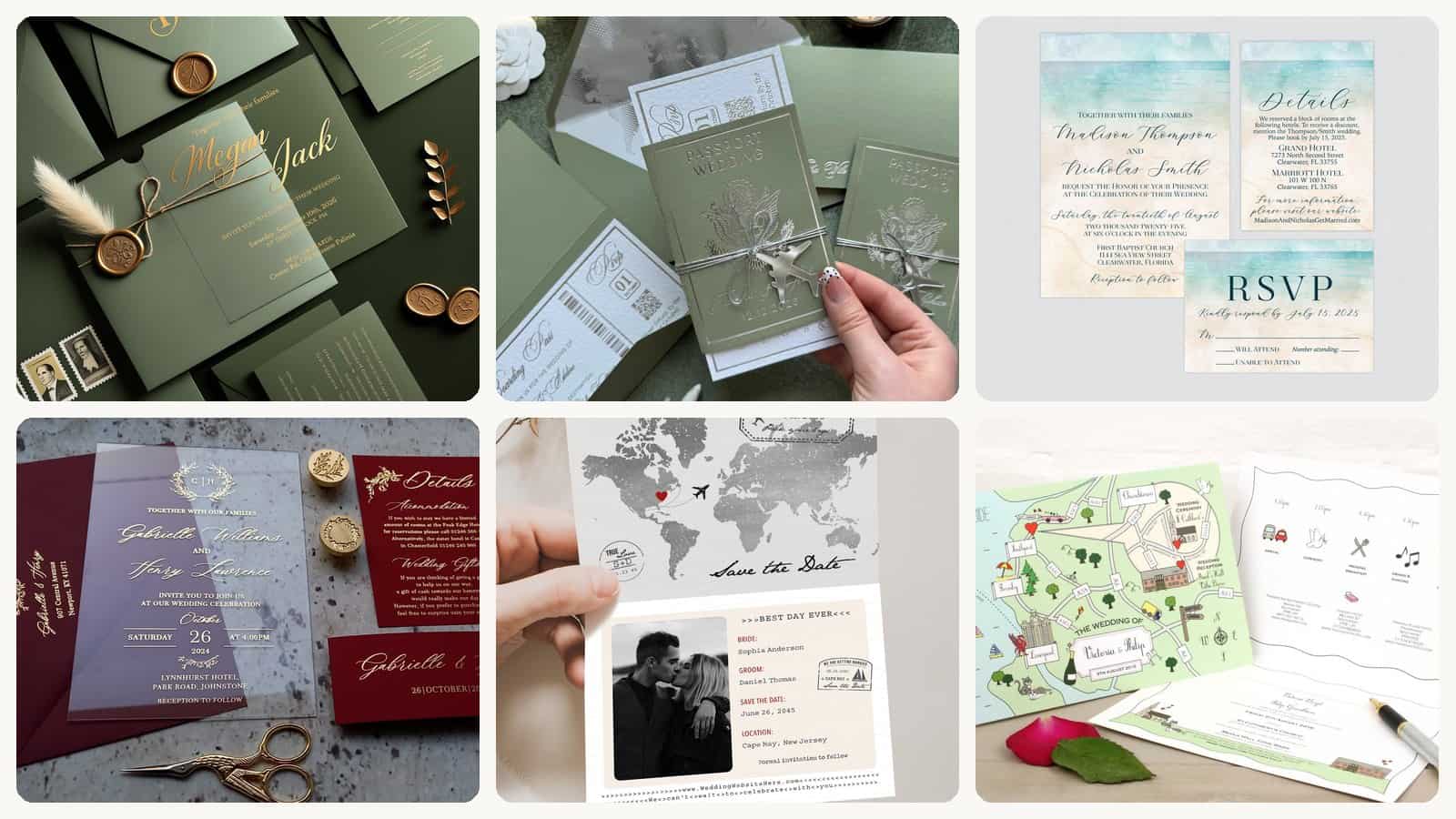 A selection of the passport suites, boarding-pass save the dates, itinerary cards and the rest of the paper that has to do more work when guests are booking flights.