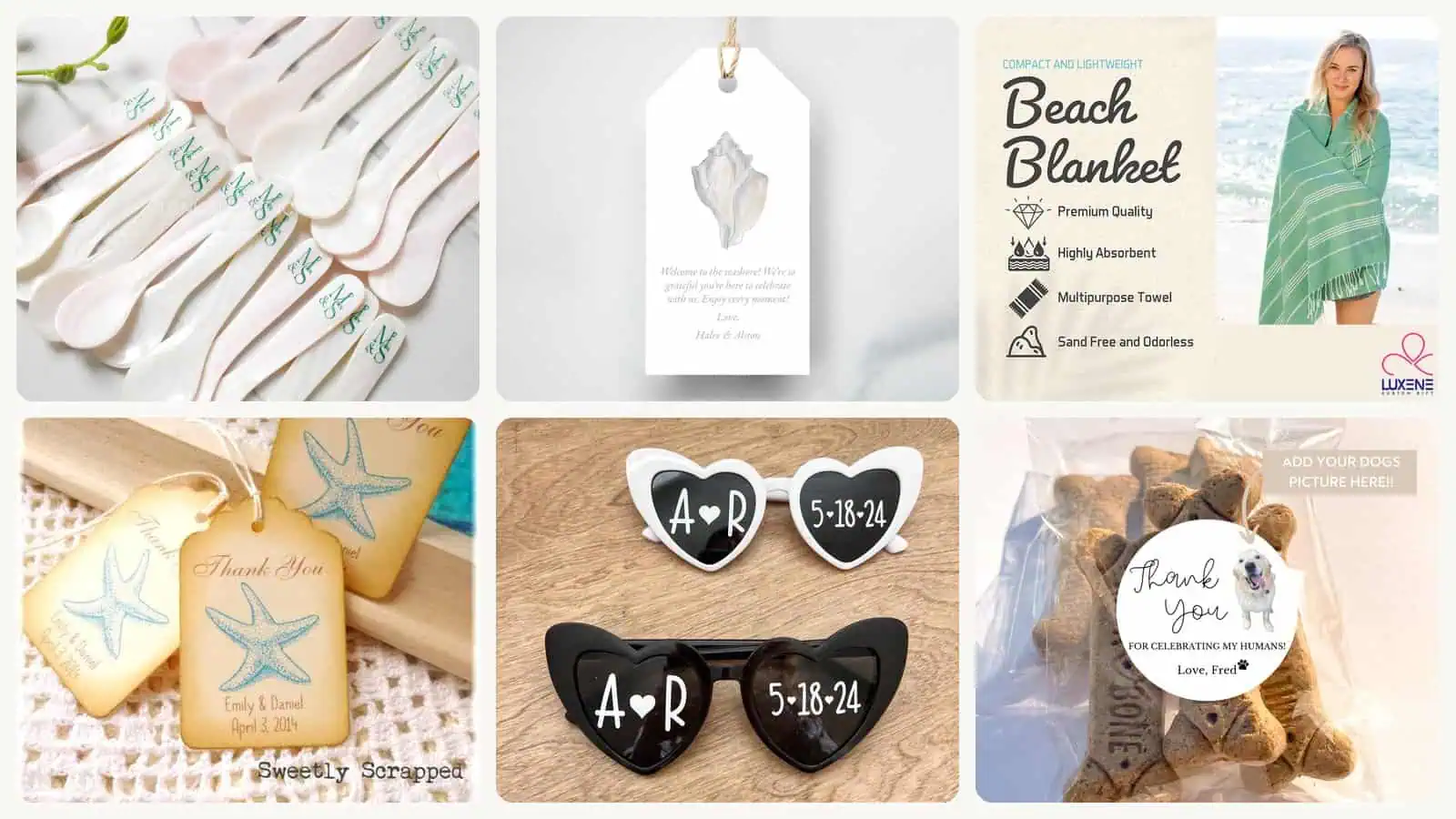 A selection of the sand-friendly little gifts for the welcome table, the place settings, or the basket by the door