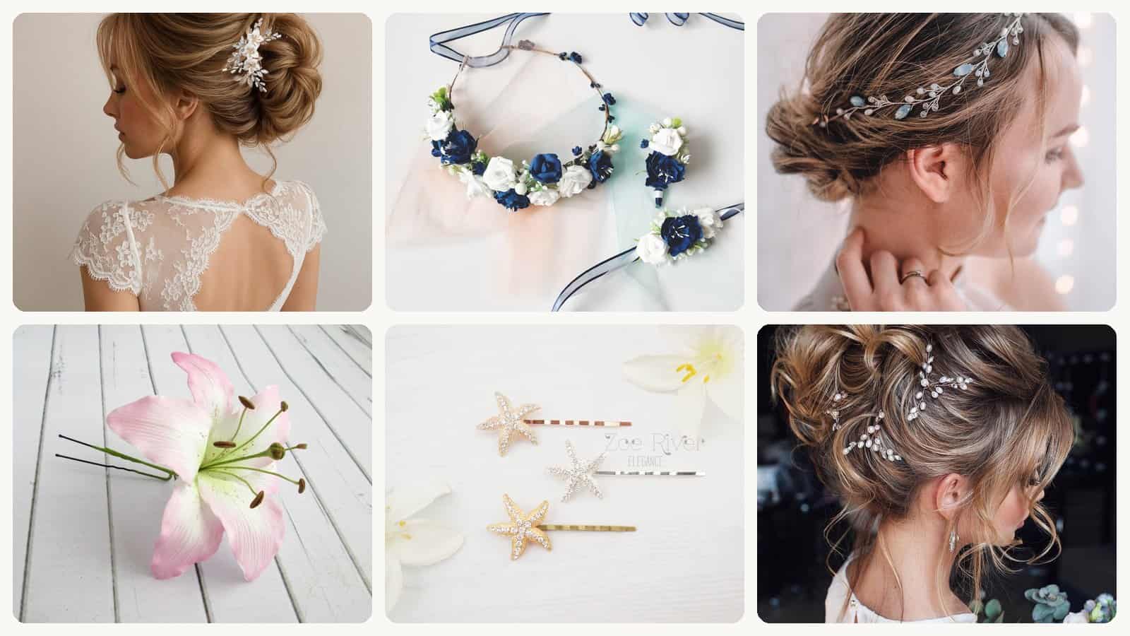 A selection of the pearl pins, shell combs, hair vines and flower crowns