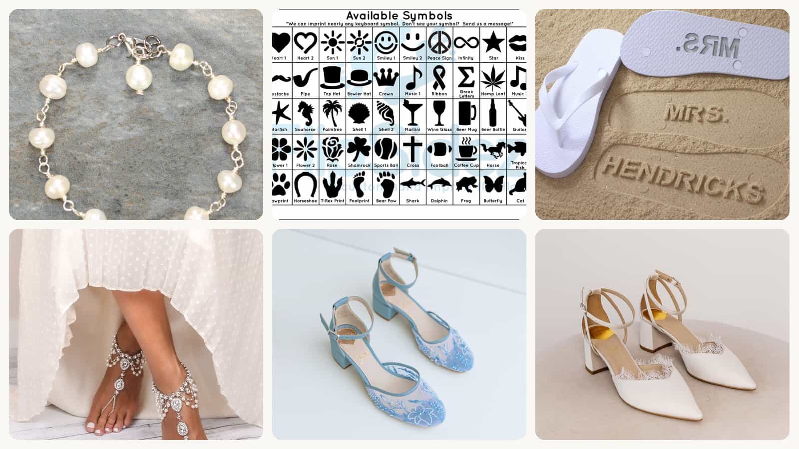 A selection of the barefoot sandals, block heels, embellished flats and bridal flip flops
