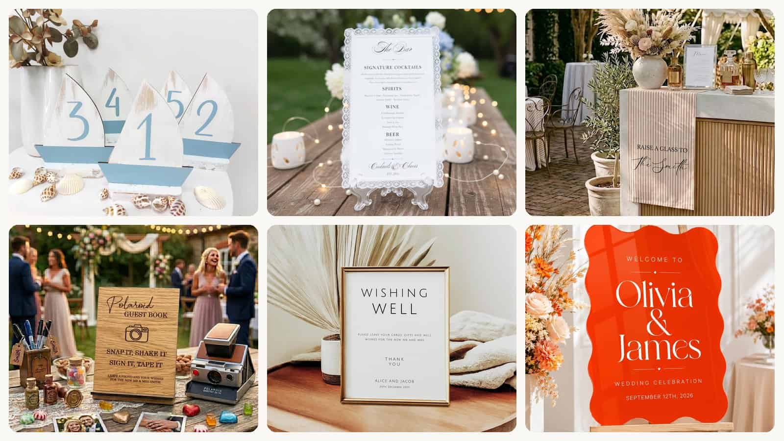 A selection of the welcome boards, seating charts, bar menus and the little directional signs that keep a wedding running when half your guests have never been to the venue.