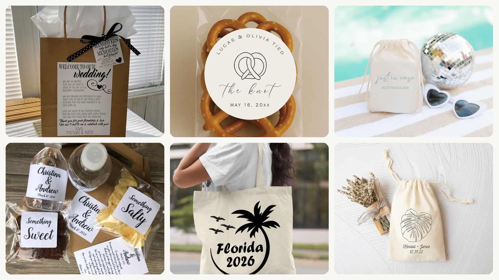 A selection of the totes, boxes and drawstring bags for the hotel block, plus the tags, labels and hangover kits that turn a bag into a proper greeting.