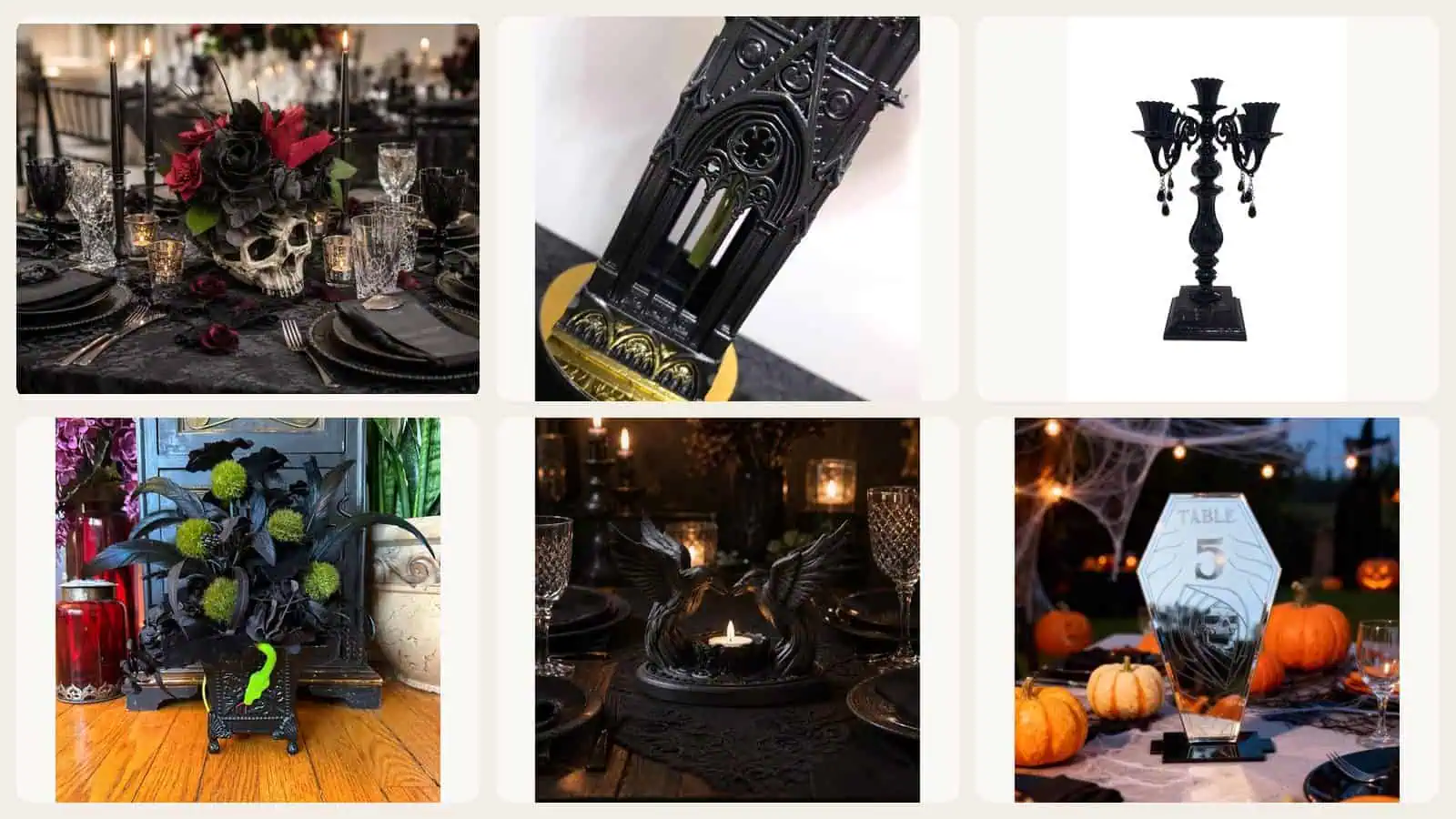 Six real Etsy products featured in this article: Skull and Wood-Rose Centerpiece, Gothic Cathedral Vase, Five-Arm Black Candelabra, Serpent and Velvet Floral Centerpiece, Double Raven Tealight Holder, Coffin Mirror Table Numbers