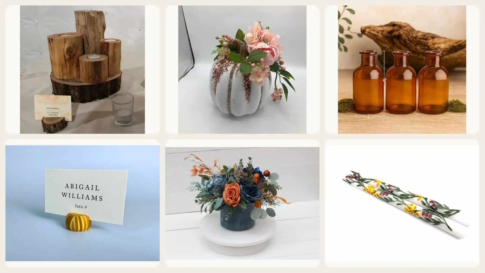 Six real Etsy products featured in this article: Cedar Candle Centerpiece Kit, White Velvet Floral Pumpkin, Amber Glass Bud Vase Trio, Pumpkin Place Card Holders, Teal and Rust Floral Centerpiece, Wildflower Taper Candle Pair