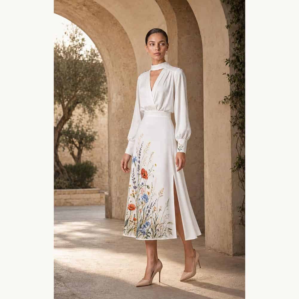 hand-painted white floral midi dress