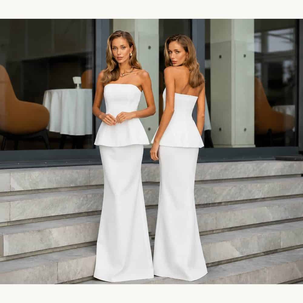 white strapless peplum maxi dress