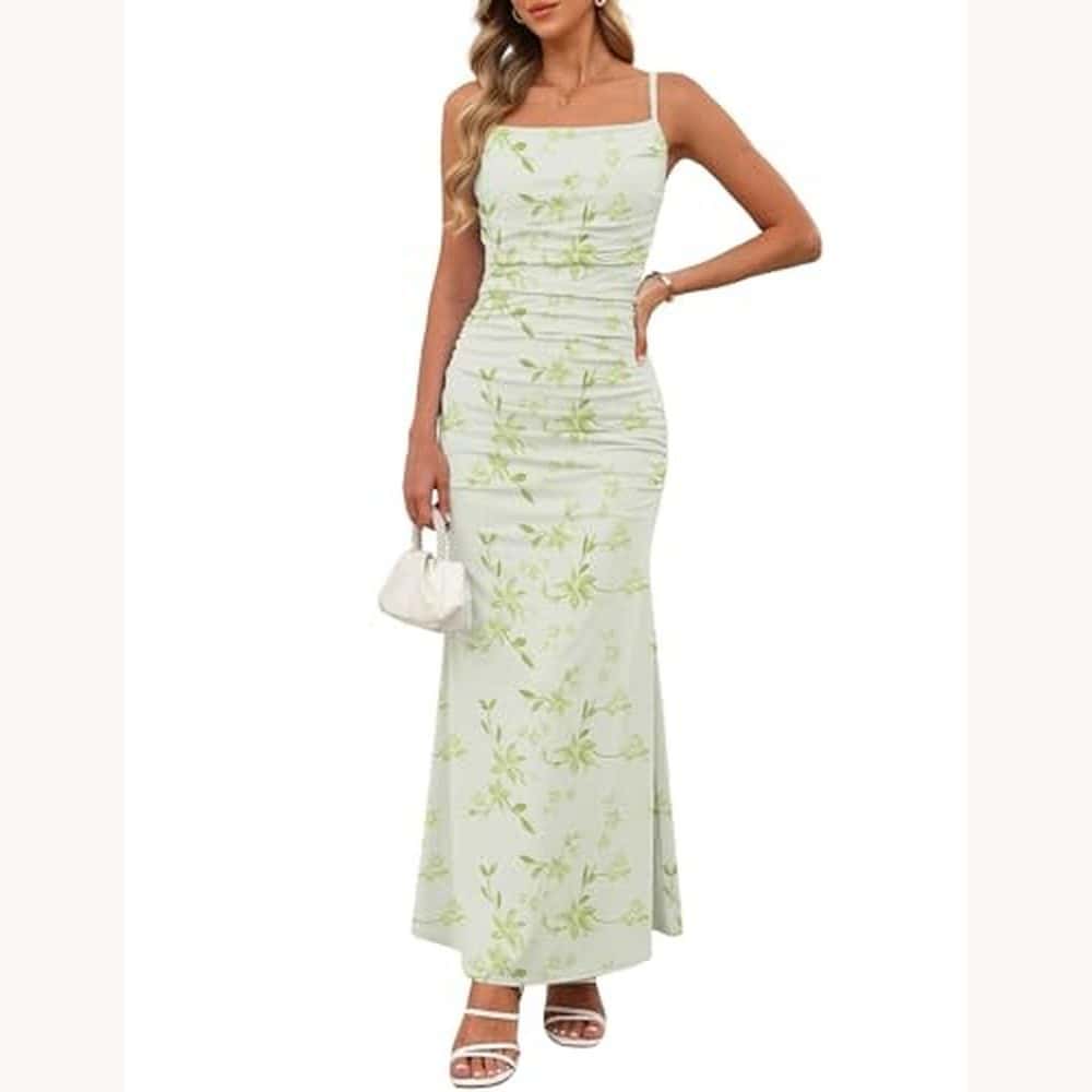 green floral ruched maxi dress