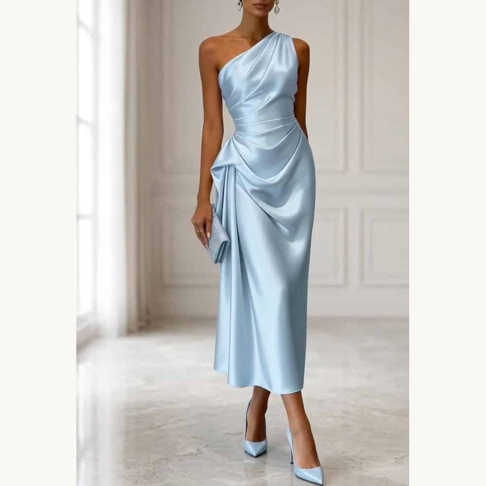one-shoulder satin ruched midi dress