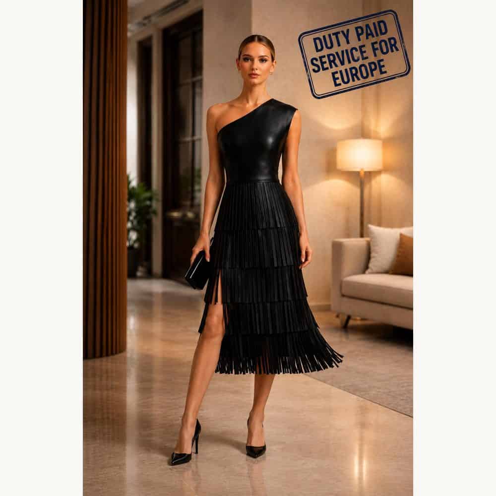 black leather one-shoulder midi dress