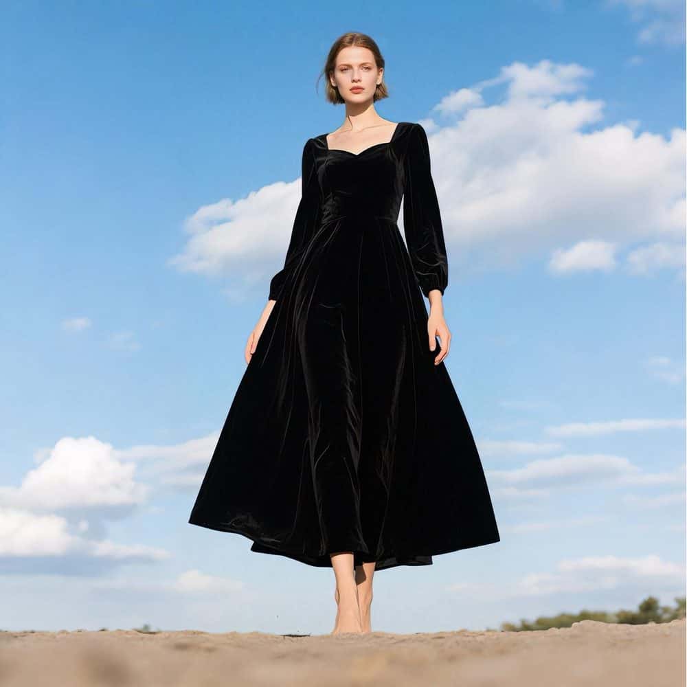 black velvet bishop-sleeve midi dress